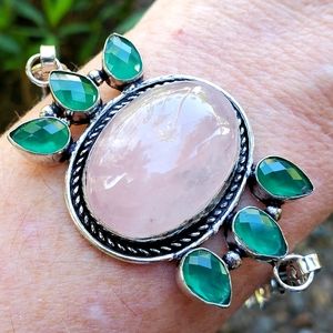 New Rose Quartz and Emerald Silver Bracelet.